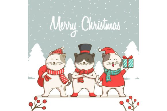 Cute Cats Celebrating Christmas Illustrations for Digital Sellers